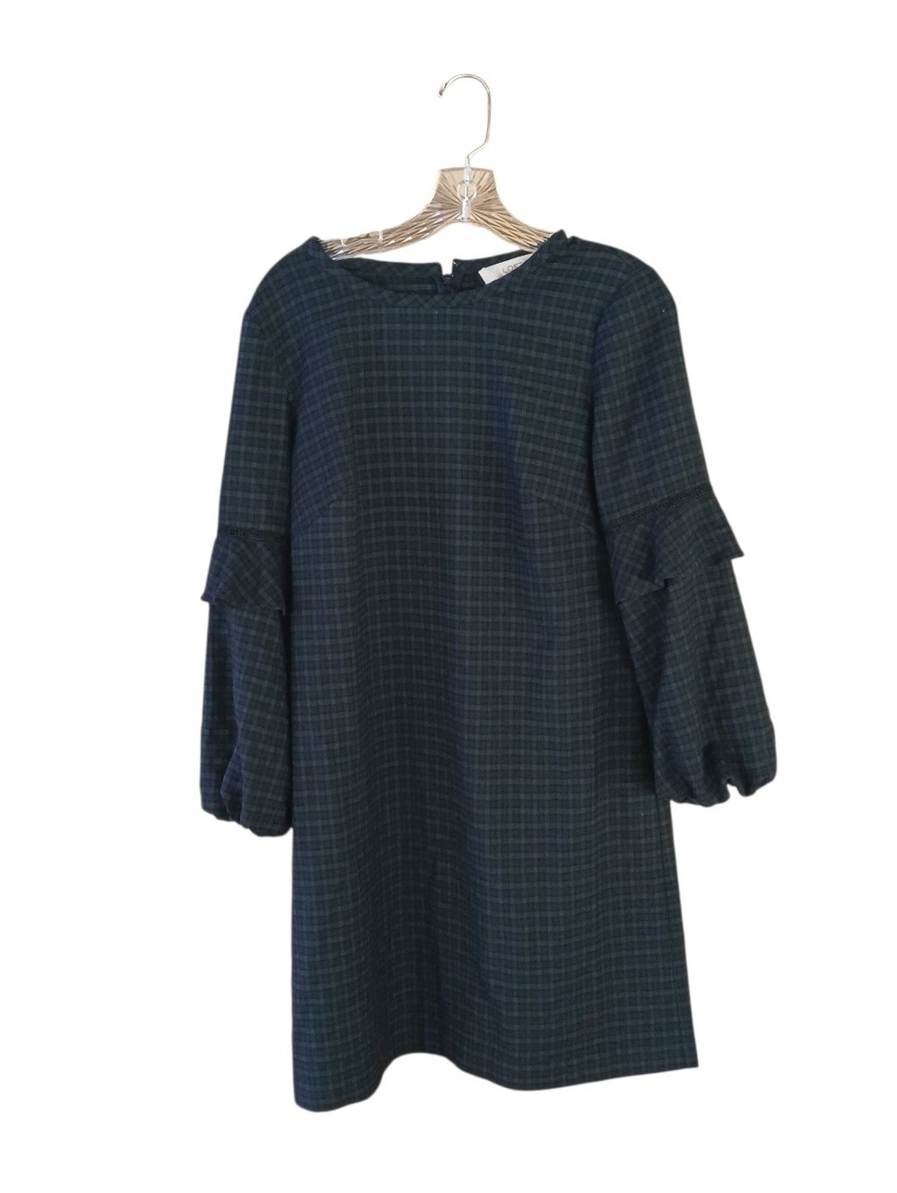 LOFT Green & Navy Plaid Balloon Sleeve Midi Shift Dress Size 8